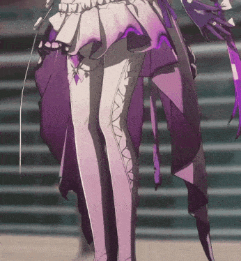 a close up of a person 's legs with purple and white tights