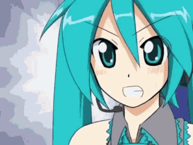 a close up of a cartoon girl with blue hair and a microphone in her mouth .