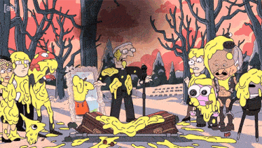a cartoon shows a man standing in front of a coffin covered in yellow liquid