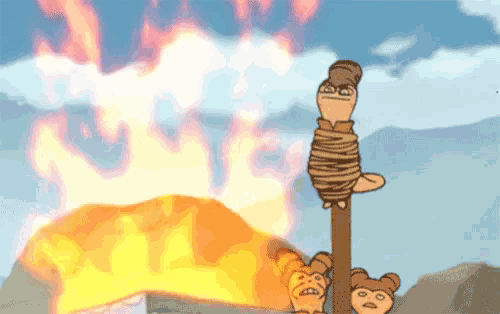 a cartoon of a person tied to a pole with a fire in the background