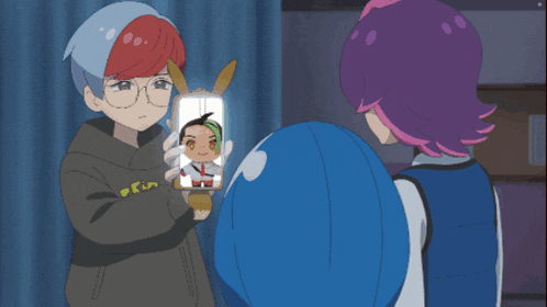 a cartoon drawing of a boy holding a phone with a picture of a girl on it