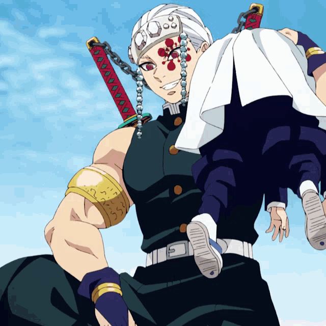 a man with a sword on his shoulder holds a child