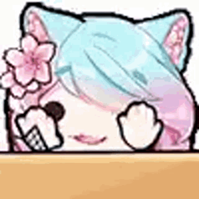 a pixel art drawing of a girl with a cat ear and pink flowers .
