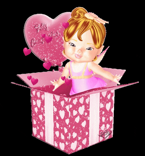 a little girl in a pink dress is coming out of a pink box with hearts on it