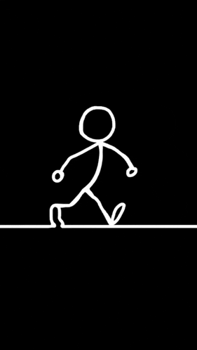 a stick figure is walking on a line in the dark .