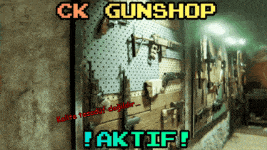 a wall with guns hanging on it and the words gunshop
