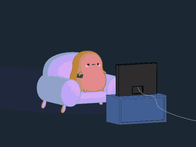 a cartoon character is sitting in a chair watching a tv