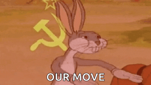 bugs bunny from looney tunes is dancing in front of a communist flag .