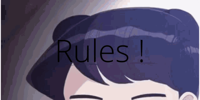 a close up of a person 's face with the words " rules " below it