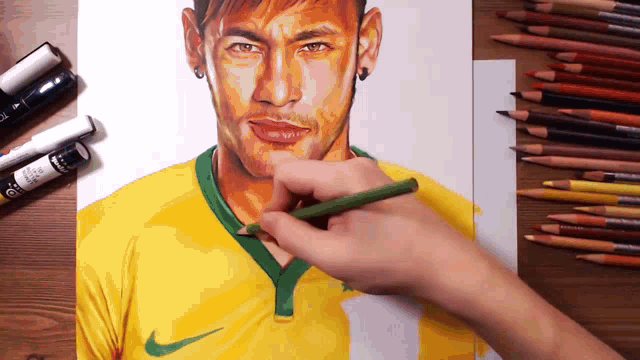 a person is drawing a man in a yellow nike jersey