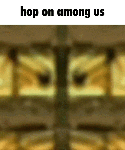 a blurred image of a room with the words `` hop on among us '' written above it .