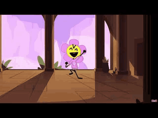 a cartoon flower is dancing in a hallway .