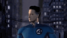 a man in a blue superhero suit is standing in front of a city .