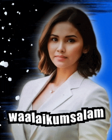 a woman in a white suit stands in front of a blue background with the words waalaikumsalam written on it