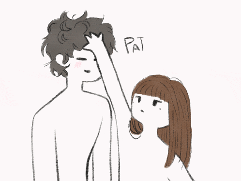 a drawing of a woman putting her hand on a man 's head with pat written on the bottom right