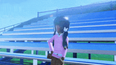a girl in a pink shirt is standing in front of a stadium