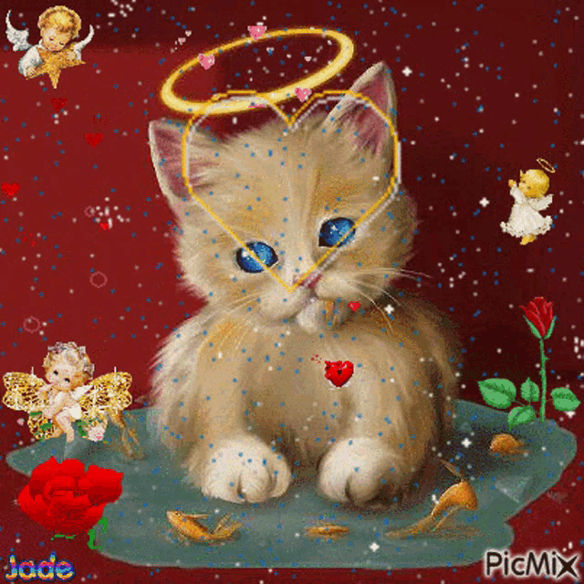 a kitten with a heart shaped halo around its head