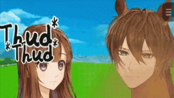 a girl and a boy are standing next to each other and the words thud thud are visible
