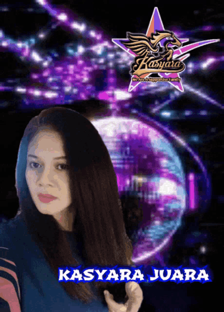 a woman is standing in front of a disco ball with the name kasyara juara on the bottom