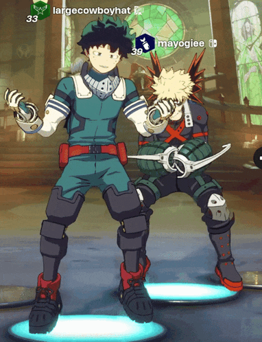 a largecowboyhat and mayogiee are standing next to each other in a room