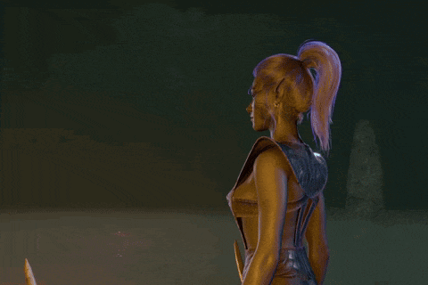 a woman with a ponytail is standing in a dark room in a video game