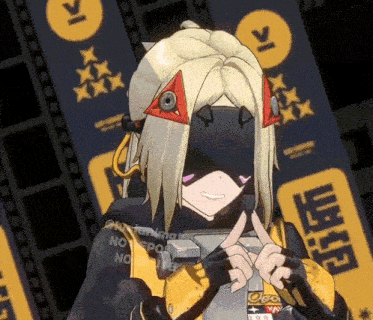 a girl wearing a mask and headphones is standing in front of a sign that says ' a ' on it