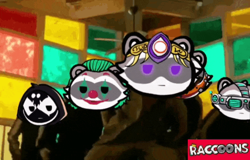 a group of raccoons standing next to each other with raccoons written on the bottom right