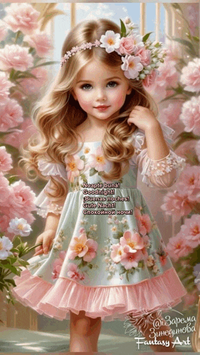 a painting of a little girl in a pink dress with flowers in her hair