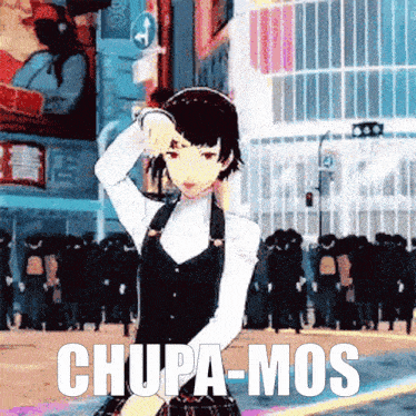 a girl is standing in front of a crowd and the word chupa-mos is on the bottom right