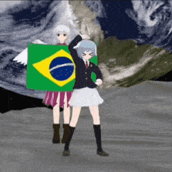 two anime girls holding a brazilian flag in front of a planet