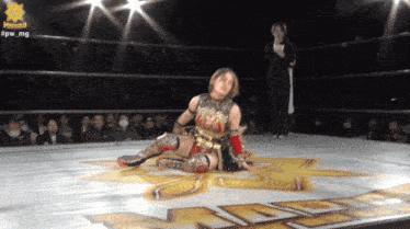 a female wrestler is laying on the ground in a wrestling ring