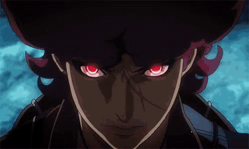 a close up of a man with red eyes