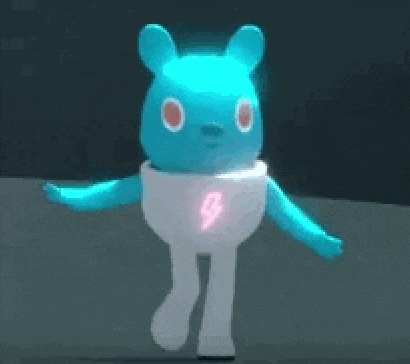 a blue teddy bear with red eyes and a lightning bolt on his chest is walking .