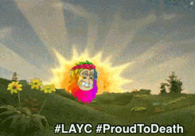 a cartoon of a monkey with a rainbow haircut standing in a field with the words #layc #proudtodeath below it