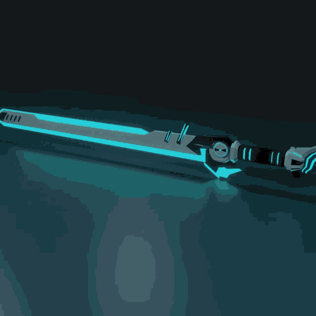 a 3d model of a futuristic sword with a blue light on it