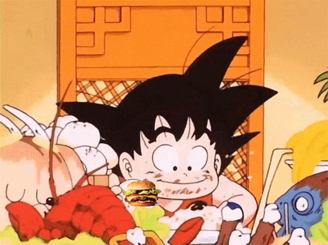 a cartoon character eating a hamburger with a picture of a hamburger on it