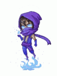 a pixel art of a ninja with a purple scarf around his neck .