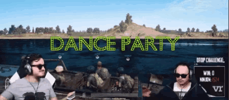 two men are playing a video game and the words dance party are on the screen