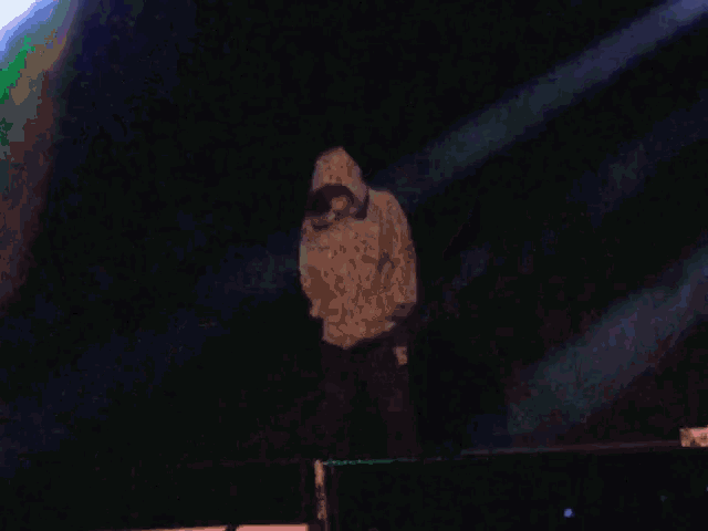 a man in a hooded jacket is dancing on a stage with his arms in the air