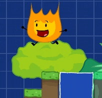 a cartoon drawing of a fire character standing on a tree