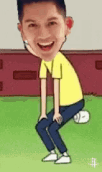 a cartoon of a man squatting on a soccer ball with his head on the ball .