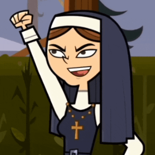 a cartoon nun with a cross around her neck holds up her fist