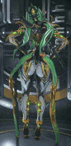 a video game character with green and gold armor is standing in front of a doorway
