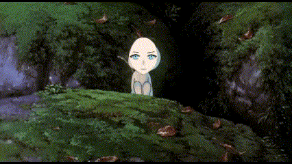 a cartoon character is sitting on a grassy hill
