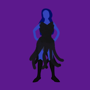 a silhouette of a woman with blue hair and black boots