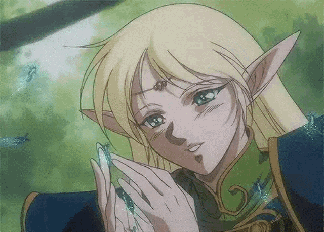 a girl with blonde hair and elf ears is holding a crystal