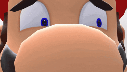 a close up of a cartoon character 's face with blue eyes and a red hat