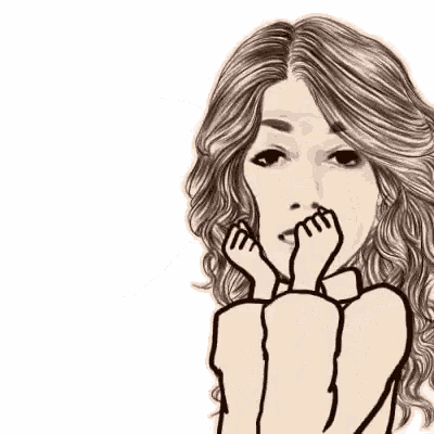 a black and white drawing of a woman with her hands on her face .