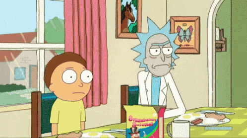 a cartoon of rick and morty sitting at a table with a box of cereal