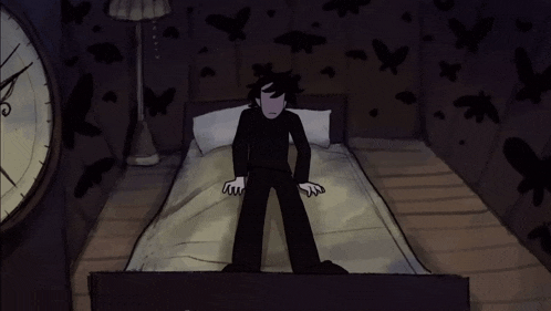 a drawing of a person laying on a bed with birds flying around
